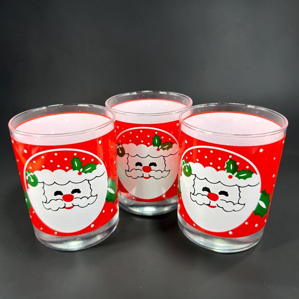 Tom Collins Santa Claus Christmas Drinking Glasses Red Polka Dot Holly Set of 3